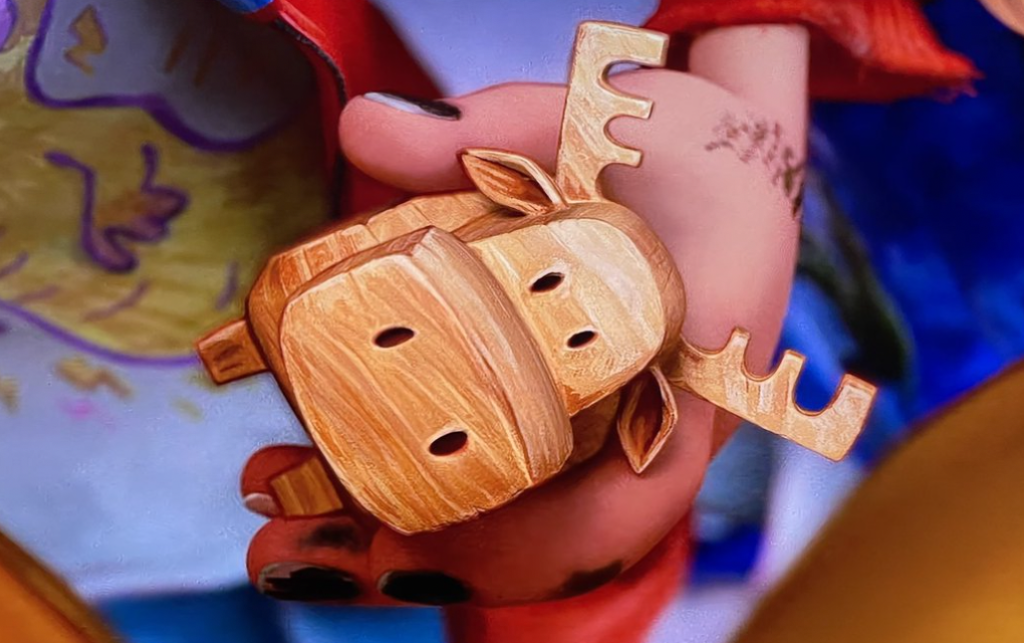 Still from The Mitchells vs. the Machines. The carved wooden moose.