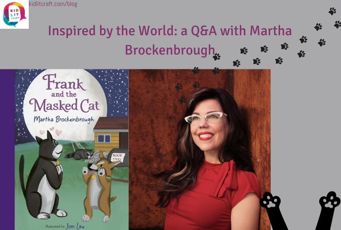 Cover of the book Frank and the Masked Cat by Martha Brockenbrough next to a picture of the author with cat pawprints trailing across the page