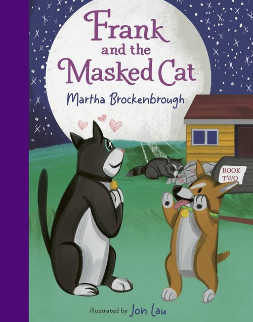 Cover of the book Frank and the Masked Cat by Martha Brockenbrough featuring Frank the cat staring lovingly at a raccoon